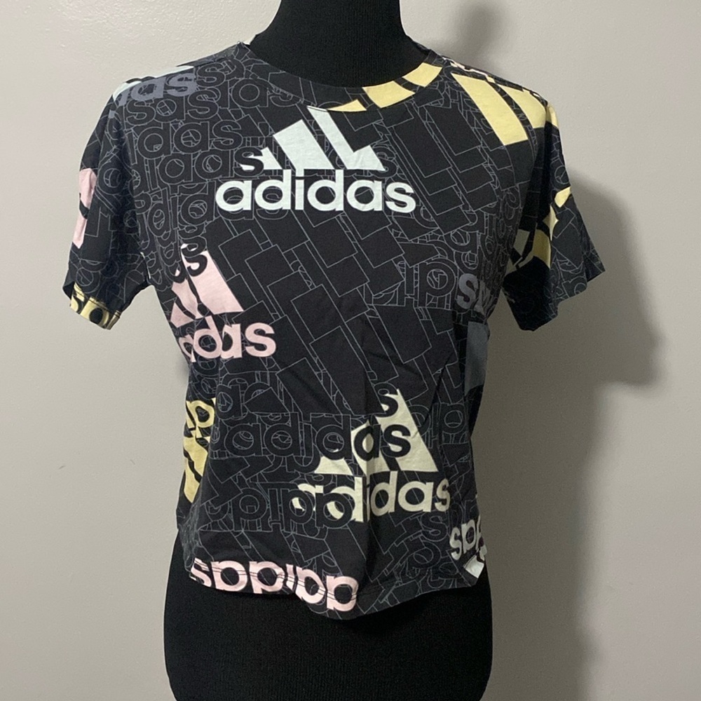 Adidas Women’s Crop Top T-Shirt Workout Activewear Black Multi Sz L